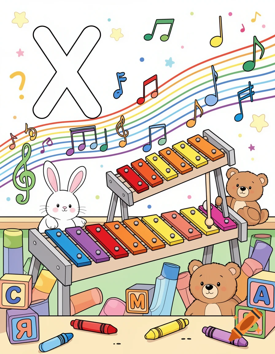 A cartoon coloring page featuring a large letter X, a xylophone, musical notes, a rabbit, two teddy bears, alphabet blocks, and crayons.