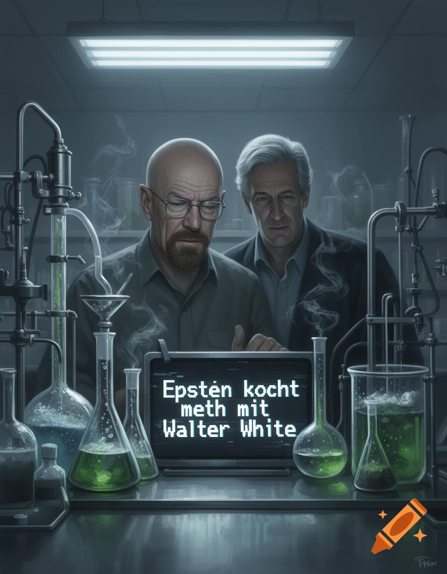 A bald man with glasses and a man with gray hair in a chemistry lab with green beakers and a screen displaying 'Epstein kocht meth mit Walter White'.