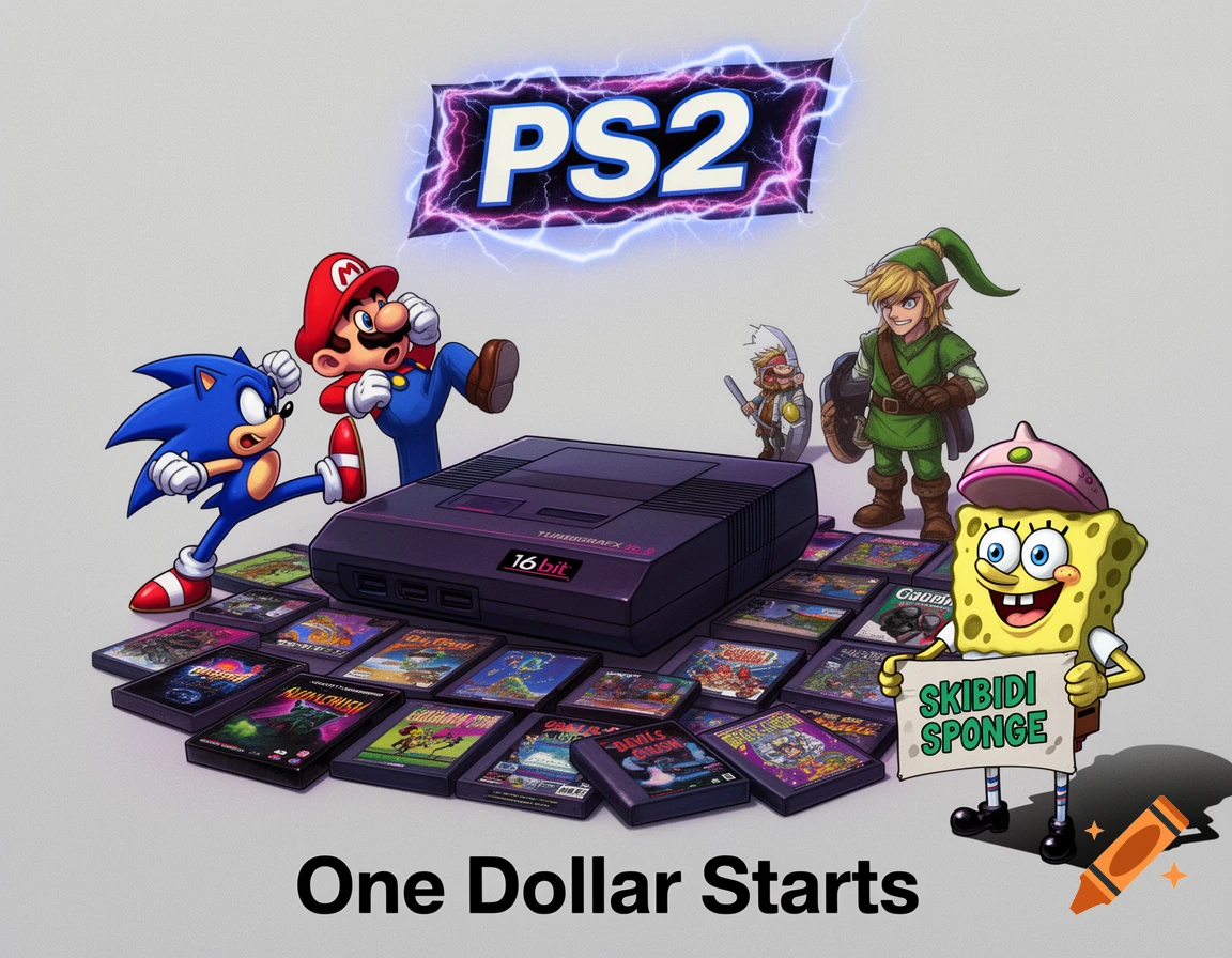Iconic video game characters Sonic, Mario, Link, and Spongebob with a Turbografx-16 console and game cartridges. A banner says "PS2," and text at the bottom reads "One Dollar Starts." Spongebob holds a sign saying "SKIBIDI SPONGE" and wears a foot-shaped hat.