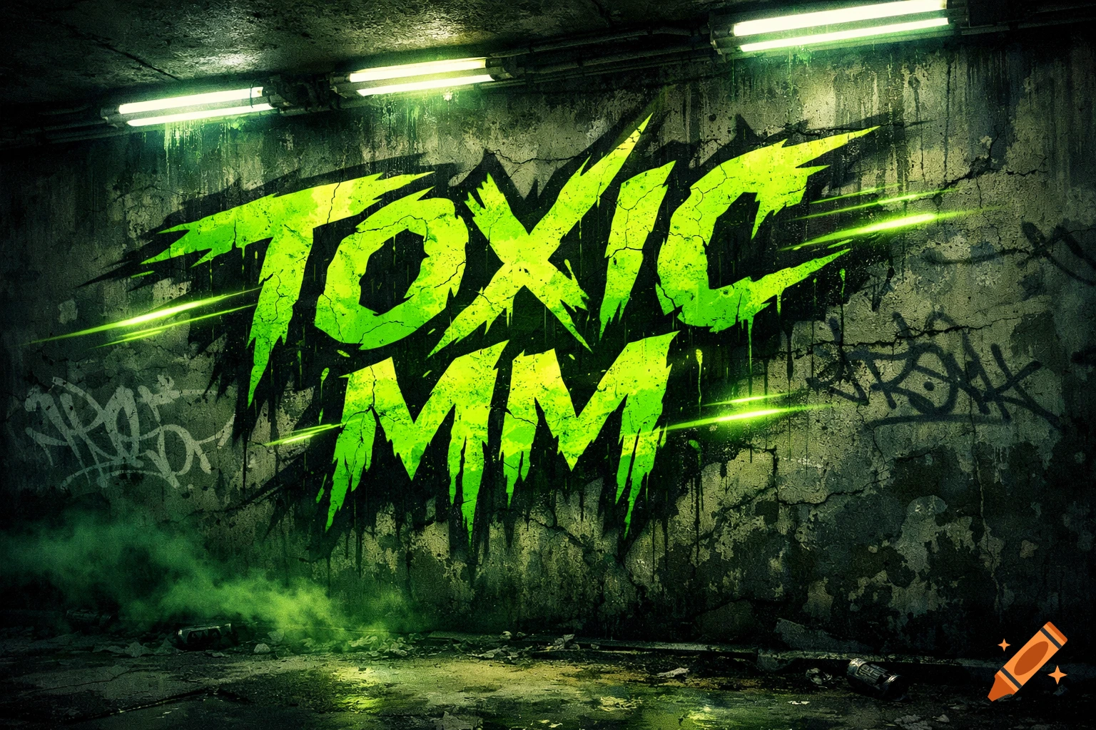 Glowing green 'TOXIC MM' graffiti on a dark, wet grunge concrete wall with green smoke and neon lights.