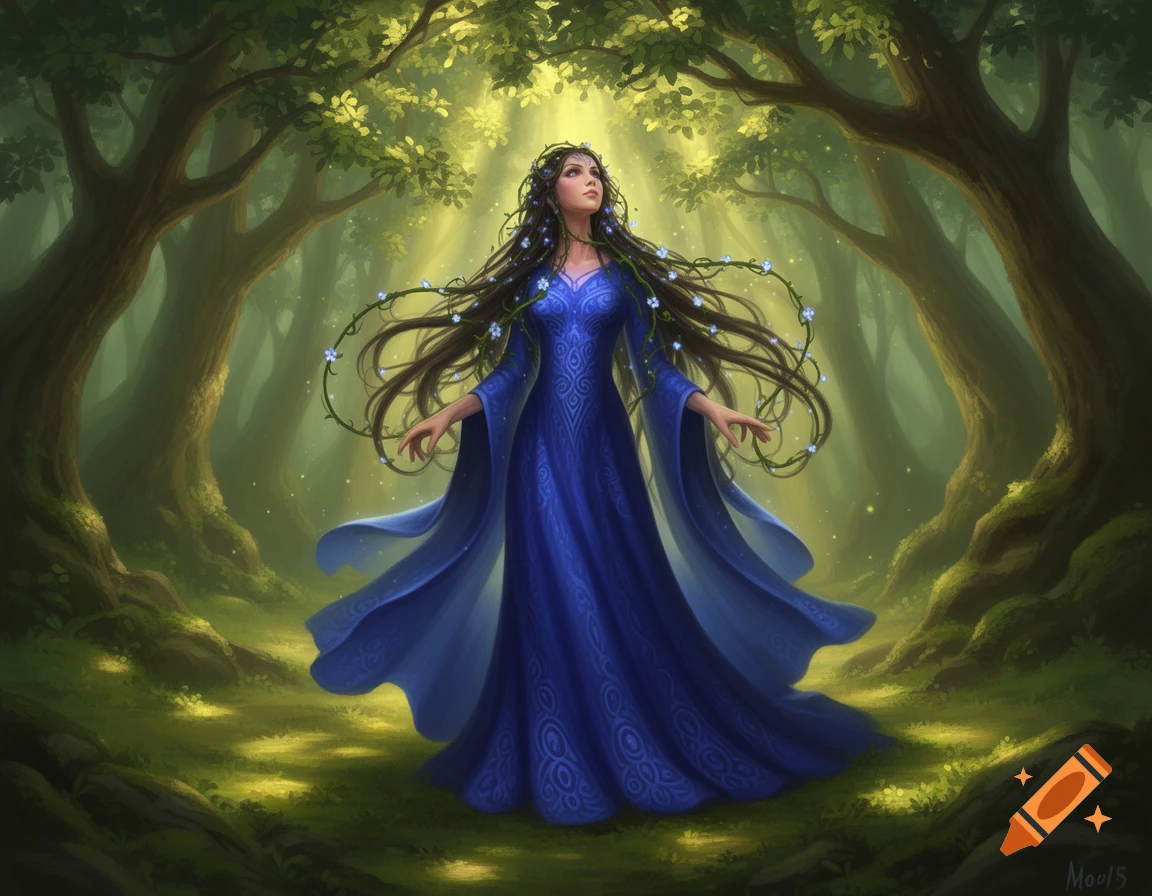 Fantasy art of a woman in a blue gown with long hair and flowers, standing in a sunlit forest.