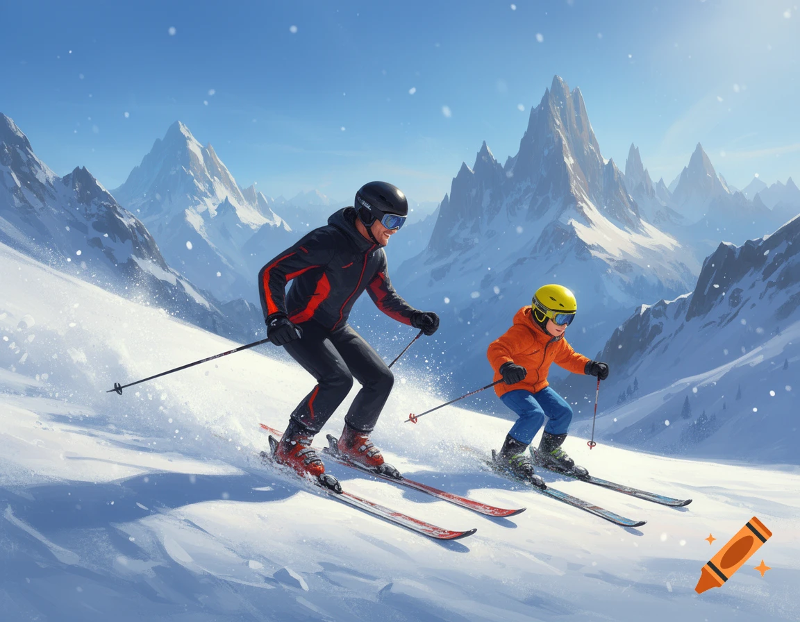 A dad and his son ski down a snowy mountain slope with jagged peaks under a clear blue sky.
