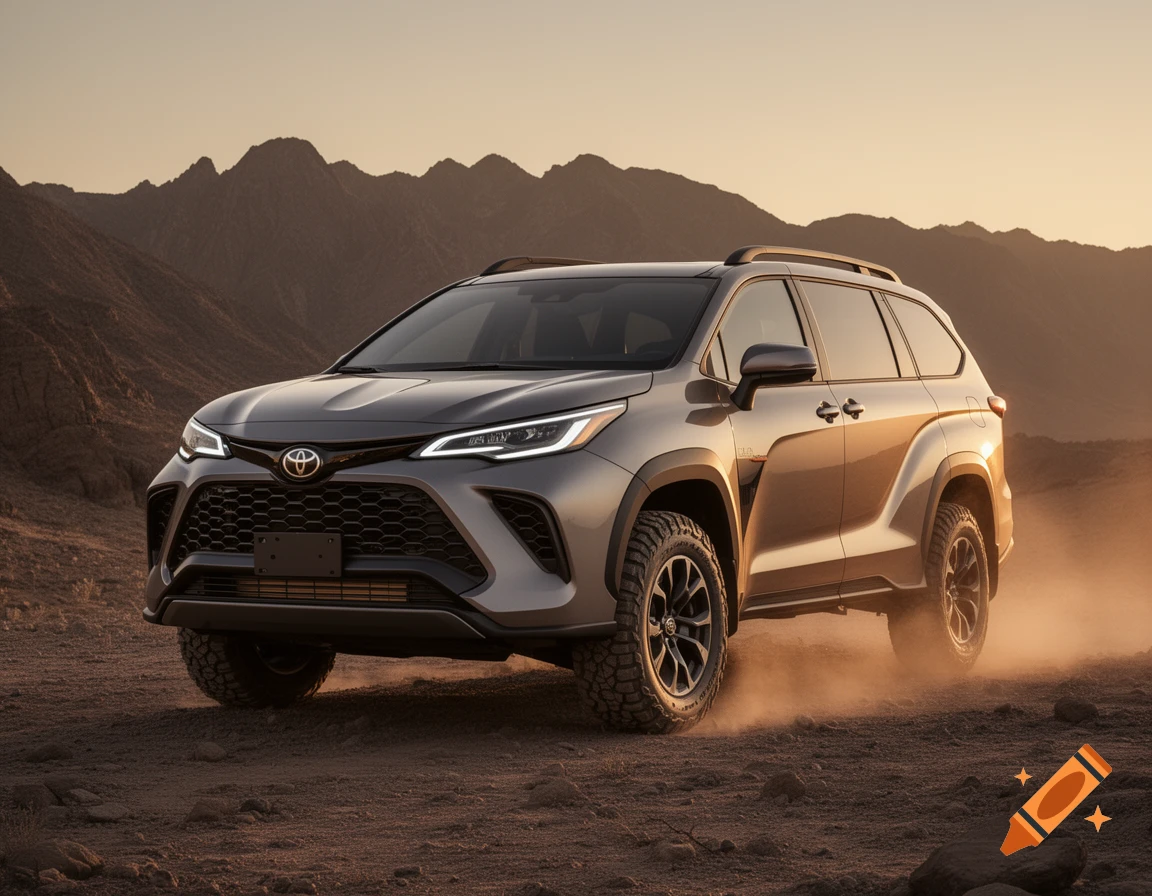 A grey Toyota SUV, reimagined with an aggressive front, kicks up dust on a rugged desert road under a soft twilight sky, mountains in the background.