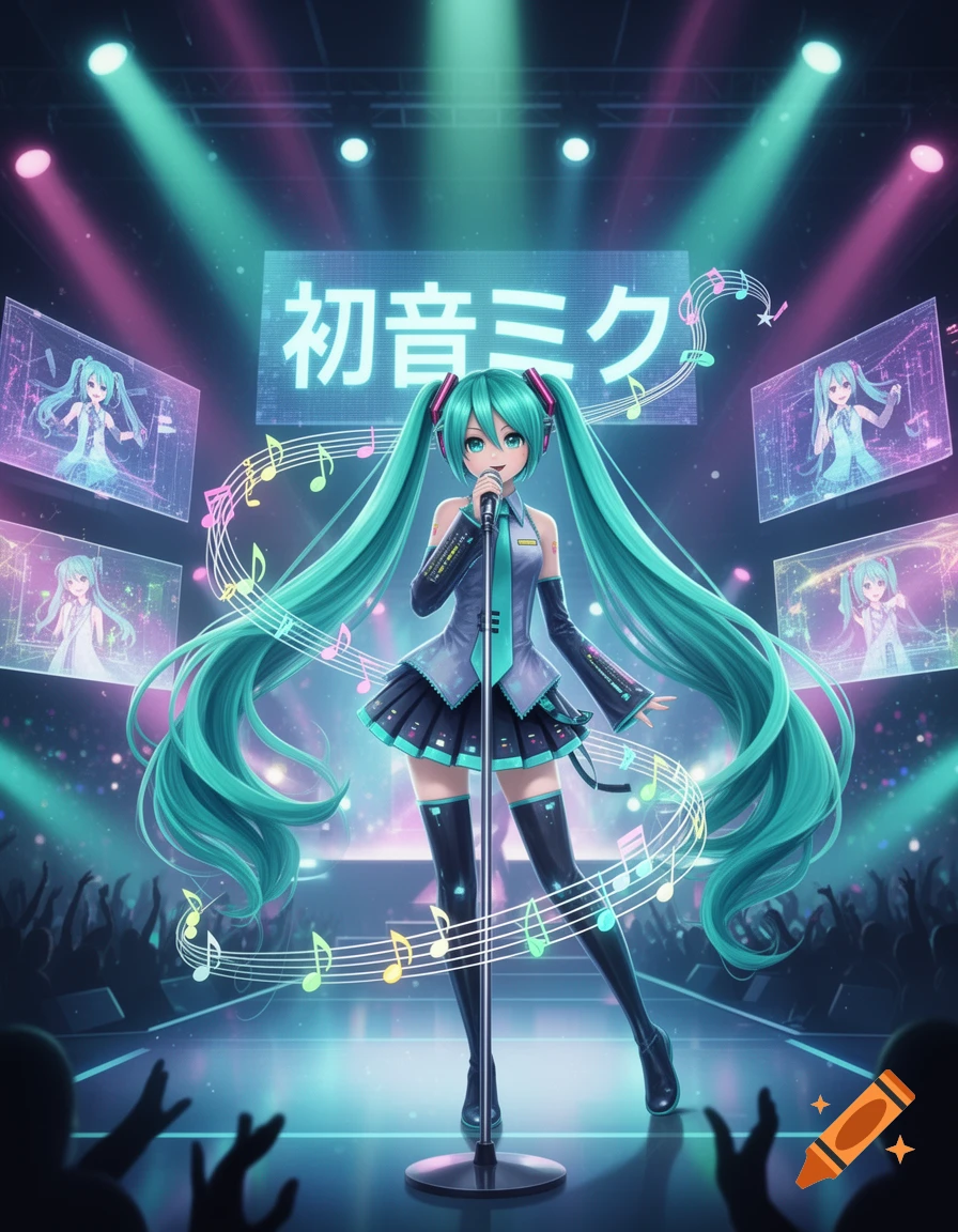 Hatsune Miku performs on a futuristic stage under glowing teal and pink spotlights, surrounded by musical notes and screens, in a vibrant anime style.