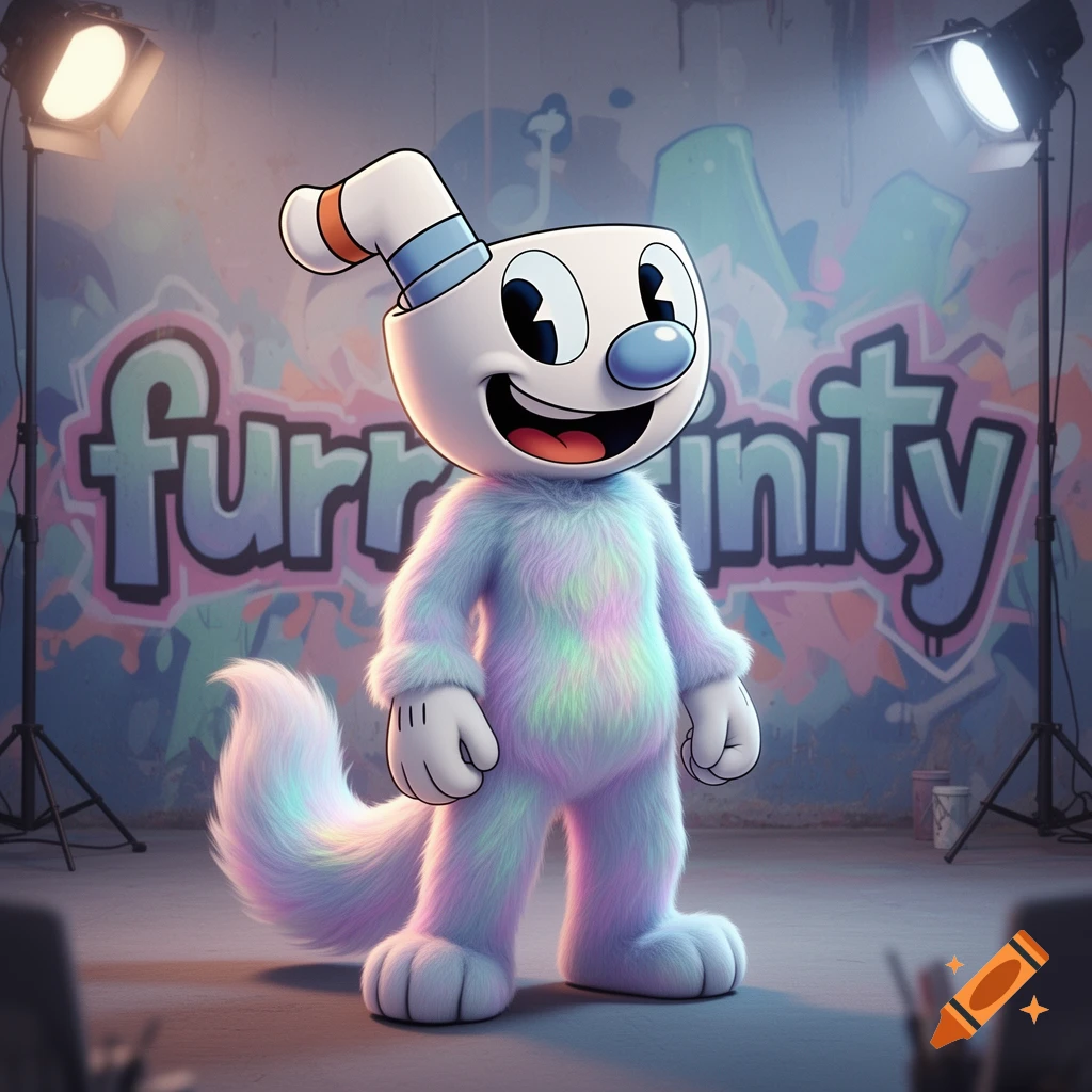 A Cuphead-like character in a fluffy, rainbow-colored furry suit stands in a studio setting with spotlights, in front of a graffiti wall that reads 'furrafinity'.