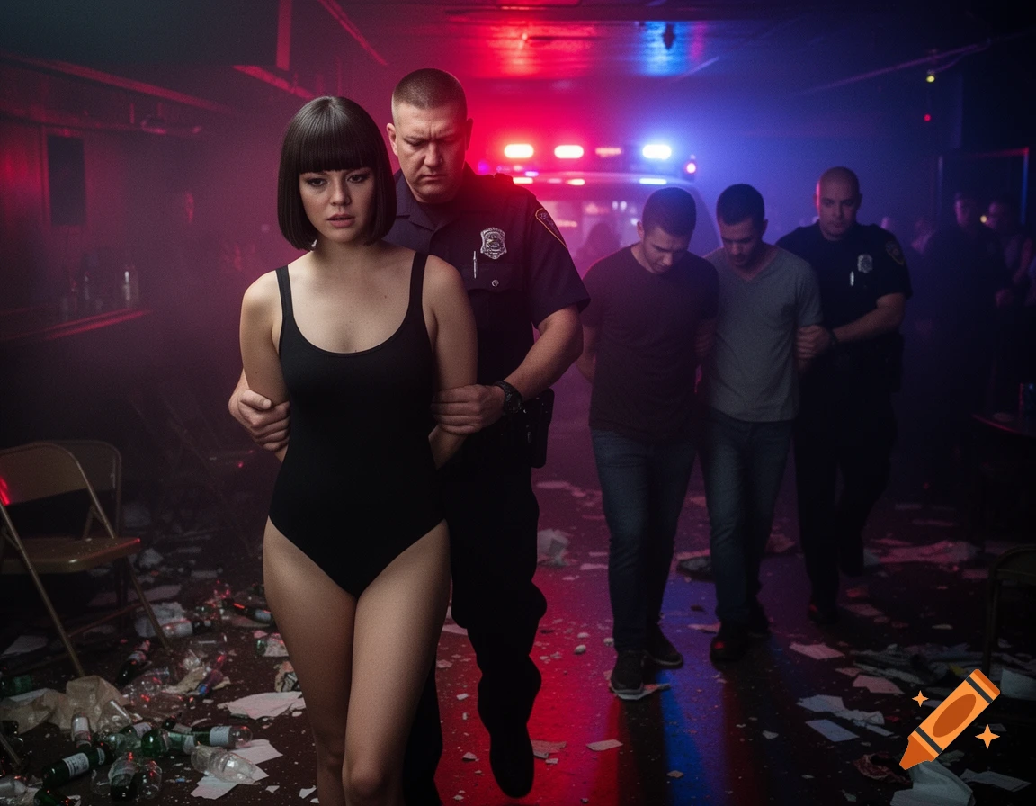 A woman in a black leotard and two men are being led out of a messy nightclub by police, illuminated by red and blue lights.