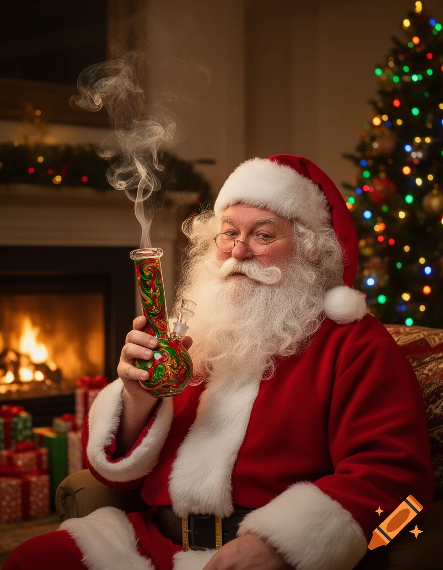 Photorealistic image of Santa Claus smoking a colorful bong while sitting in a festive living room by a fireplace and Christmas tree.