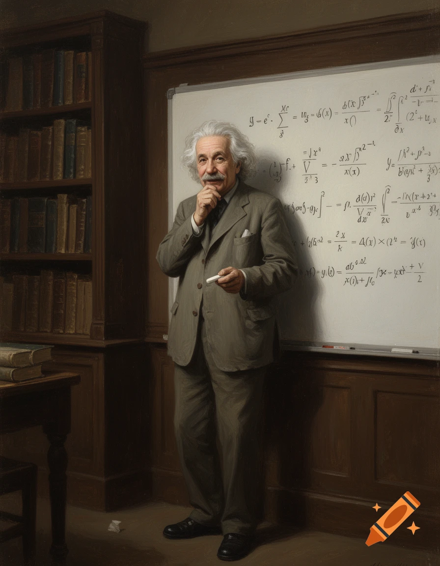 A realistic painting of Albert Einstein standing by a whiteboard filled with equations, holding a piece of chalk, in a study.