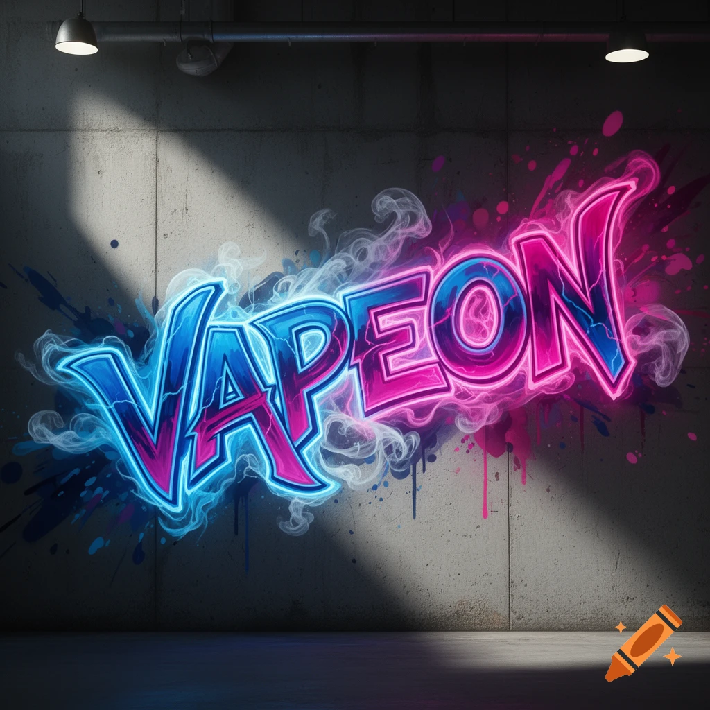 Neon blue and pink graffiti spelling VAPEON with smoke effects on a concrete wall.