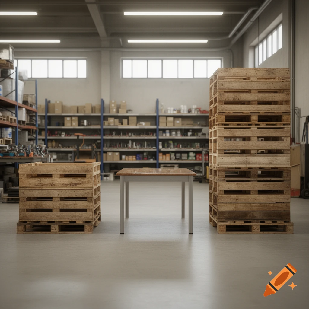 A clean, photorealistic warehouse interior with stacks of wooden pallets and a metal table on a concrete floor.