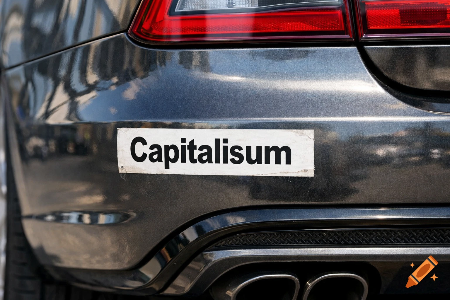 Rear view of a dark grey car's bumper with a white bumper sticker that reads 'Capitalisum'.