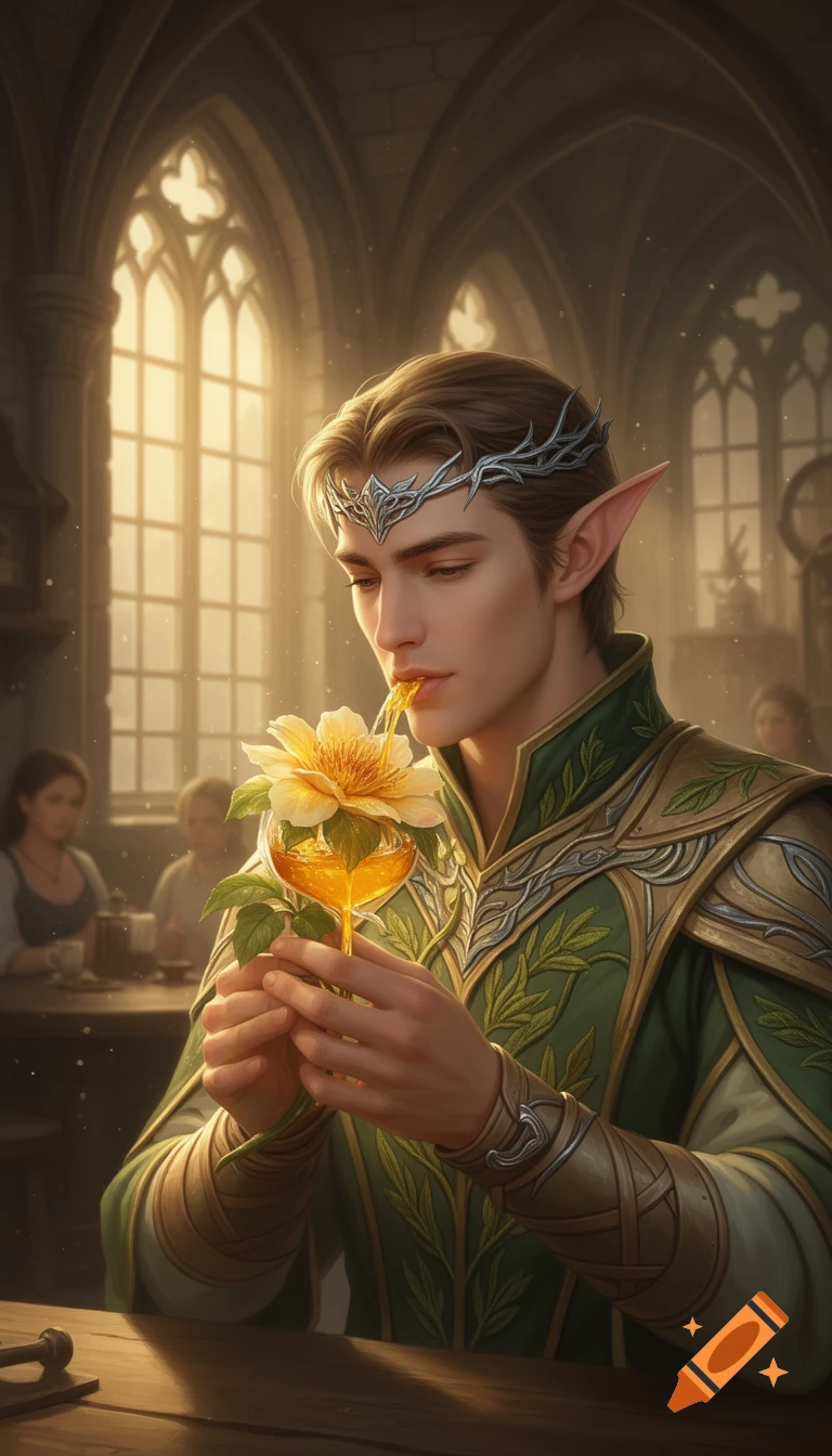 A handsome elf with pointed ears and a silver circlet delicately sips golden flower nectar in a sunlit medieval tavern, photorealistic style.