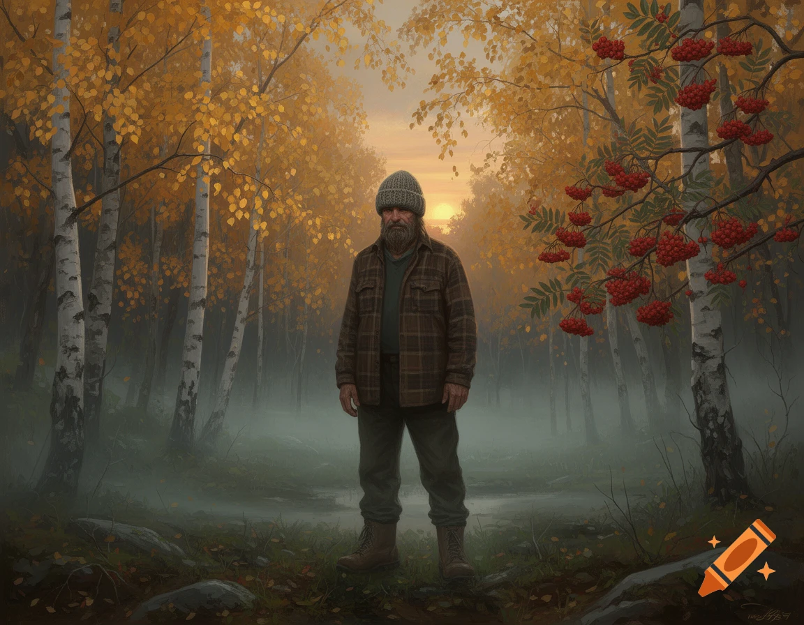 A bearded man in a plaid shirt and beanie stands in a misty autumnal birch forest with orange leaves and red berries.