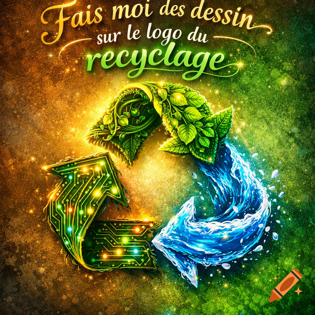 Vibrant recycling logo with arrows of glowing circuits, green leaves, and blue water, on a sparkling green and gold background with French text.