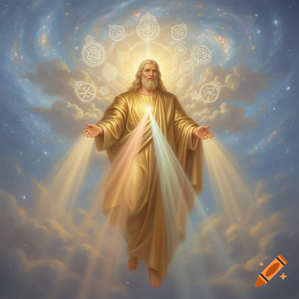 A divine figure resembling Jesus with long hair and a beard, wearing golden robes, floats amidst clouds and stars, emitting colorful light from his chest and hands, surrounded by glowing symbols.