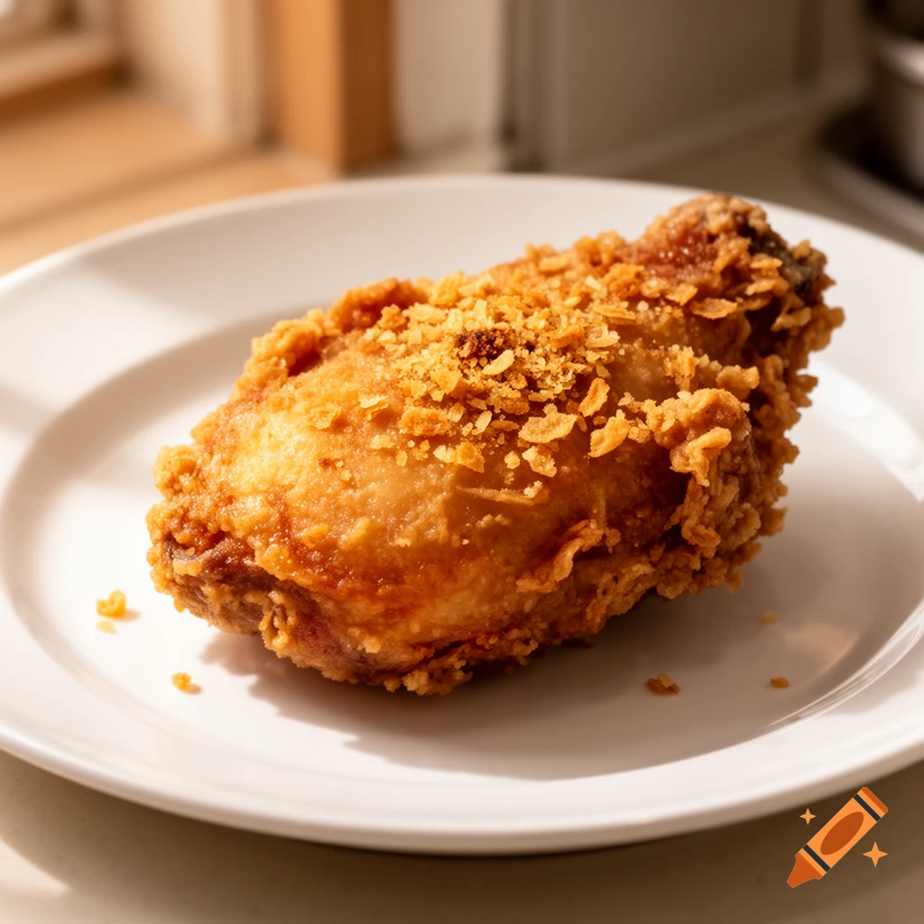 A piece of golden-brown fried chicken, crispy and seasoned, rests on a white plate in bright lighting.