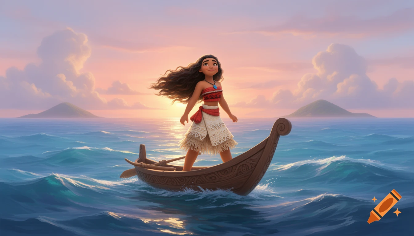 Moana stands confidently on a small wooden boat, sailing on a wavy blue sea under a vibrant sunset sky with distant islands.