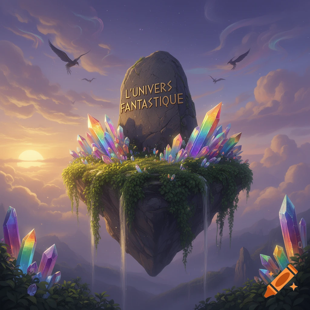 A vibrant fantasy landscape with a floating island adorned with colorful crystals, green foliage, and waterfalls, featuring the text 'L'UNIVERS FANTASTIQUE' on a central stone. Two birds fly in the sunset sky with purple clouds.