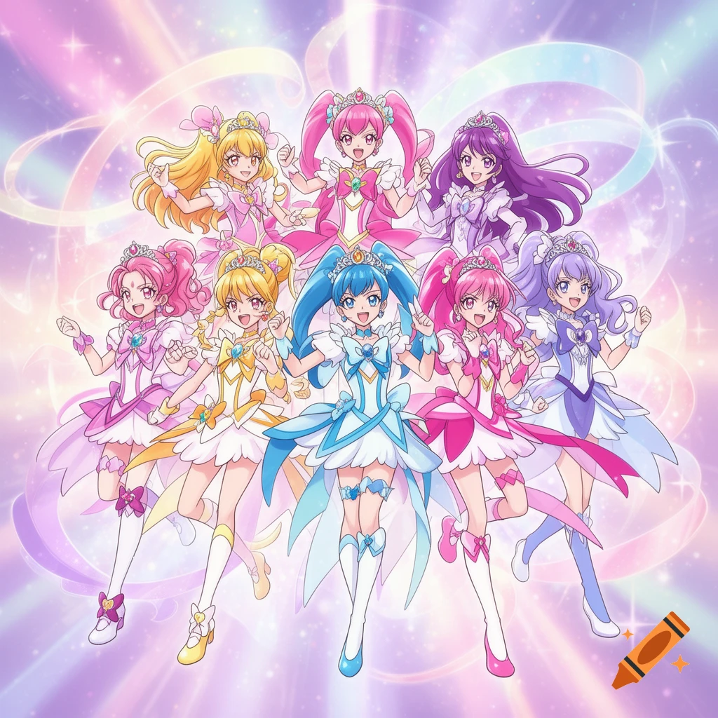 Eight anime magical girls in colorful dresses pose heroically against a shimmering pink and purple background.
