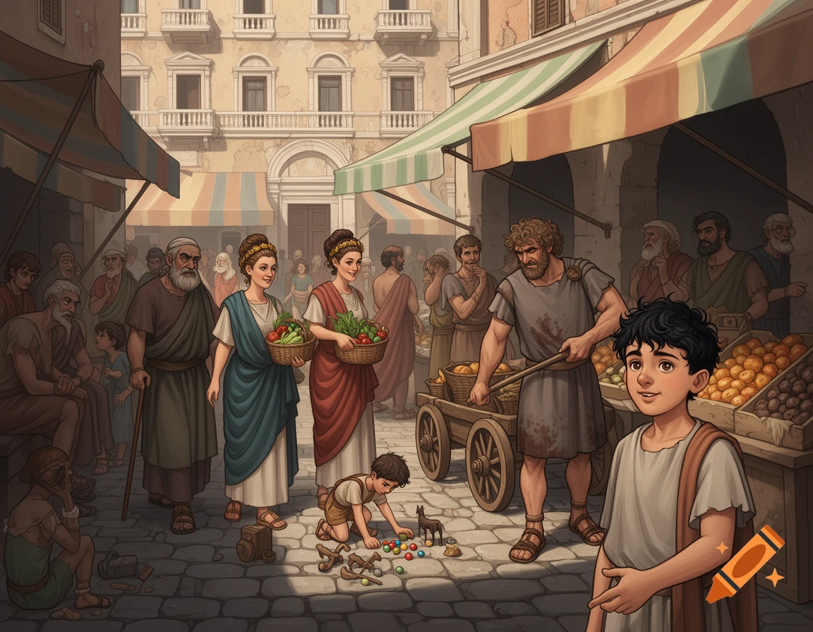 A vibrant illustration of a Roman market street with people. Two women carry baskets, a man pushes a cart, a boy plays on the ground, and another boy looks forward.