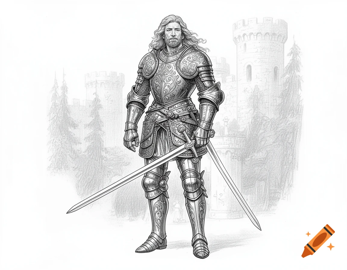A detailed line art drawing of a knight in full ornate armor, holding two swords, standing before a castle.