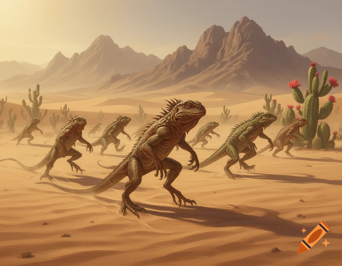 Detailed illustration of several reptilian lizardmen crawling through a vast desert landscape with mountains and cacti under a clear sky.