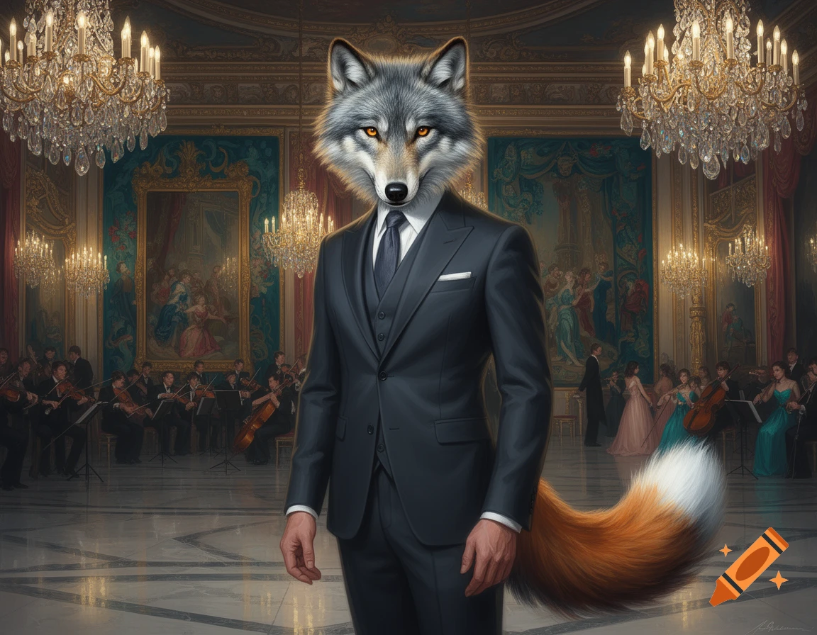 A photorealistic anthropomorphic wolf in a dark suit with a fox tail stands in a grand ballroom with an orchestra.
