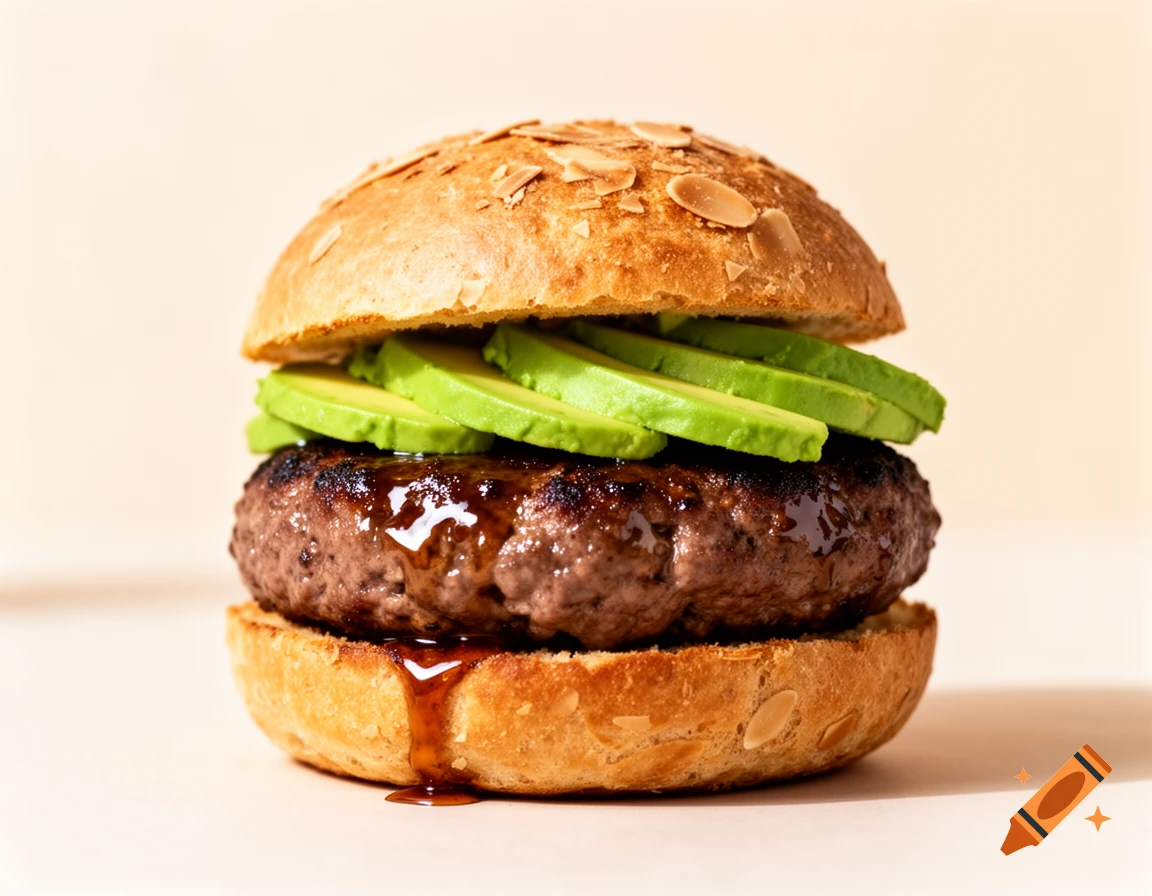 A gourmet keto avocado burger with a juicy beef patty, sliced avocado, and an almond-topped bun, captured in studio lighting.