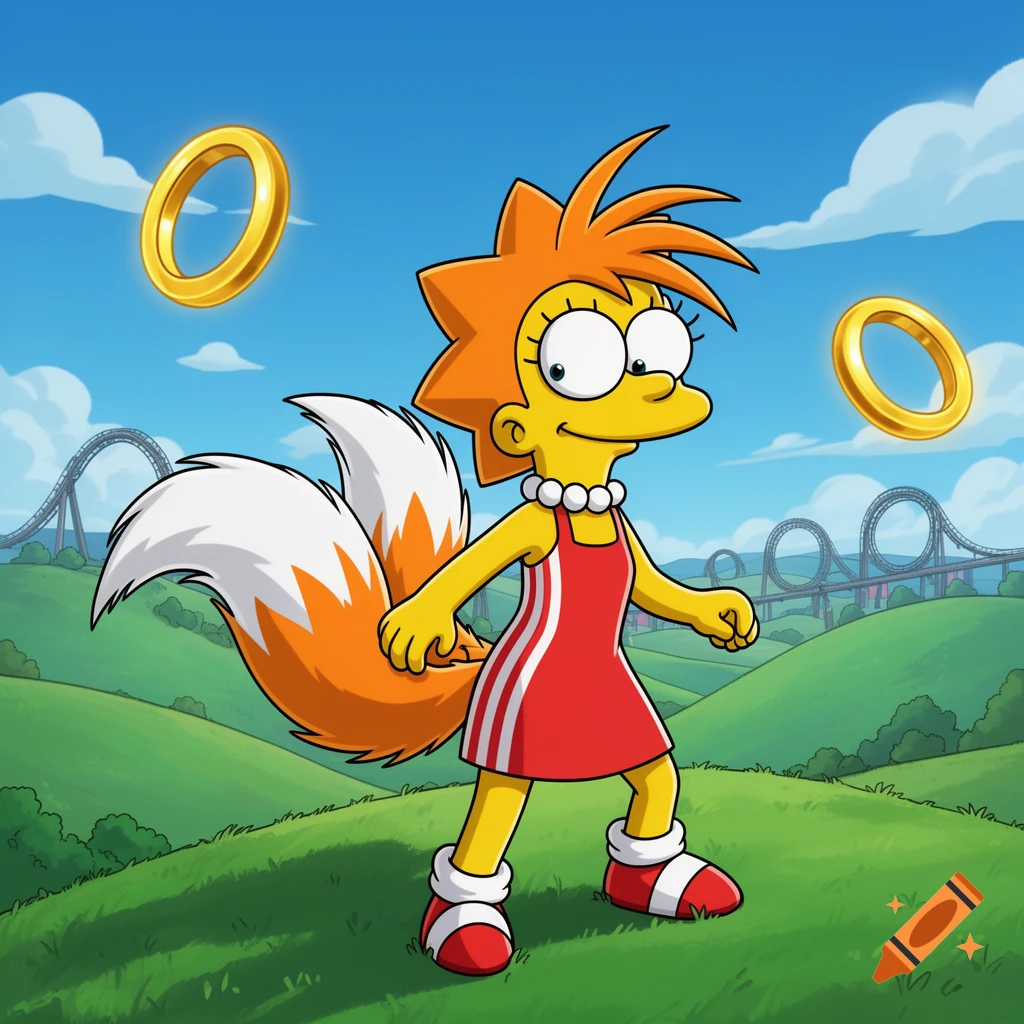 Lisa Simpson as Tails with orange spiky hair and two fox tails, wearing a red dress and red shoes, in a green landscape with golden rings and rollercoaster tracks.