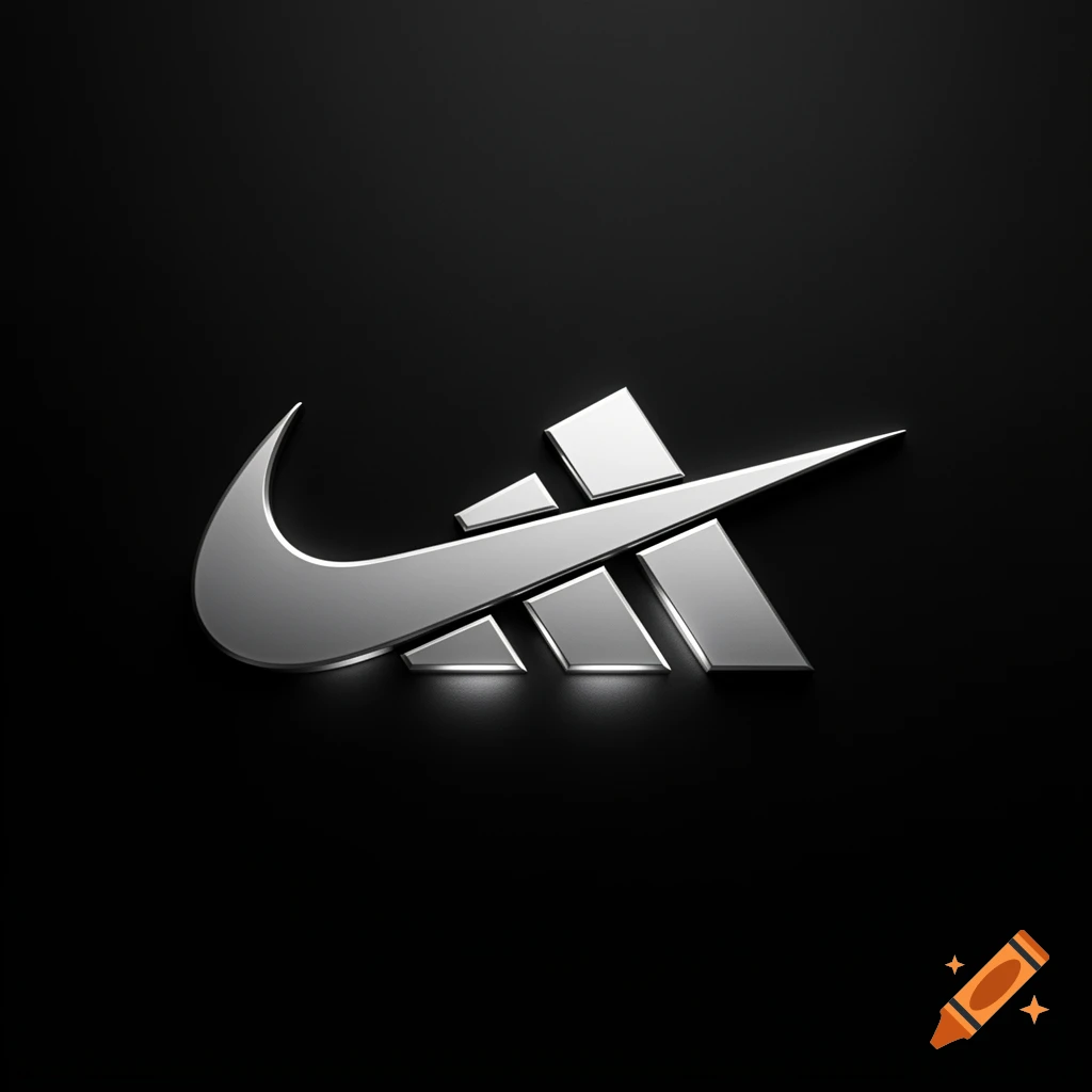 A shiny silver 3D logo blending the Nike swoosh with stylized Adidas stripes on a black background.