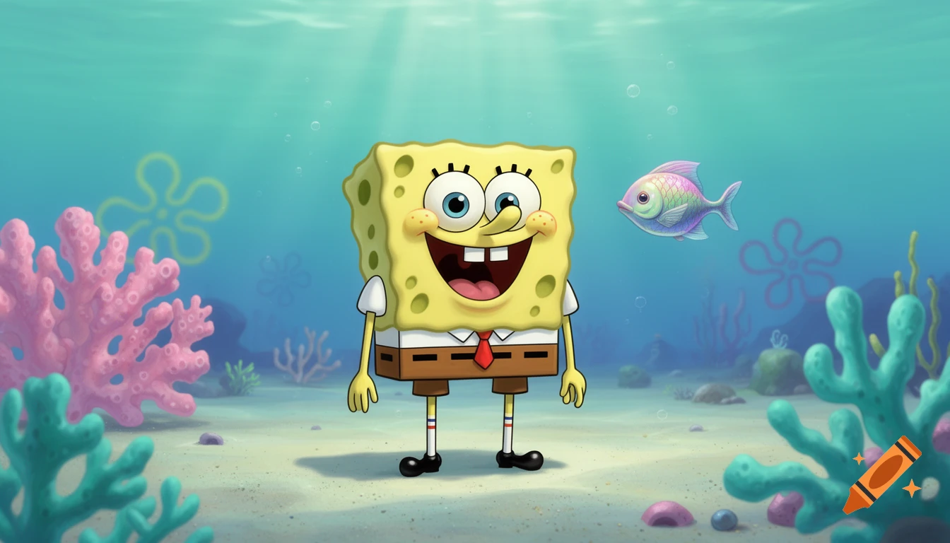 SpongeBob SquarePants stands smiling on the sandy ocean floor with colorful coral and a fish swimming nearby.