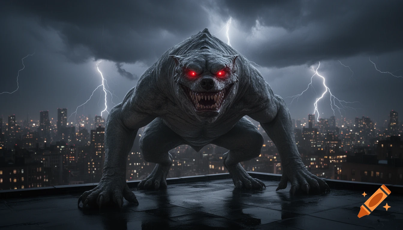 A large, grey, monstrous creature with red eyes and sharp teeth ...