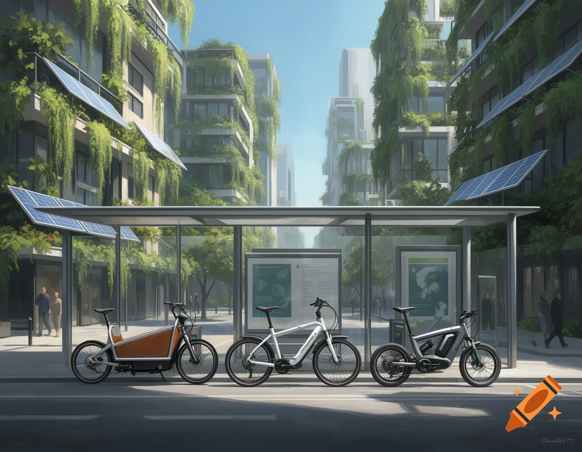 Photorealistic image of a sustainable city with green buildings, solar panels, and three e-bikes parked at a modern bus stop.