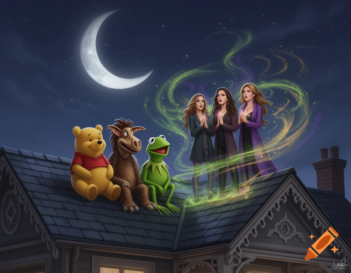 Winnie the Pooh, a brown creature, and Kermit sit on a roof with three women casting a colorful spell under a crescent moon, digital illustration.