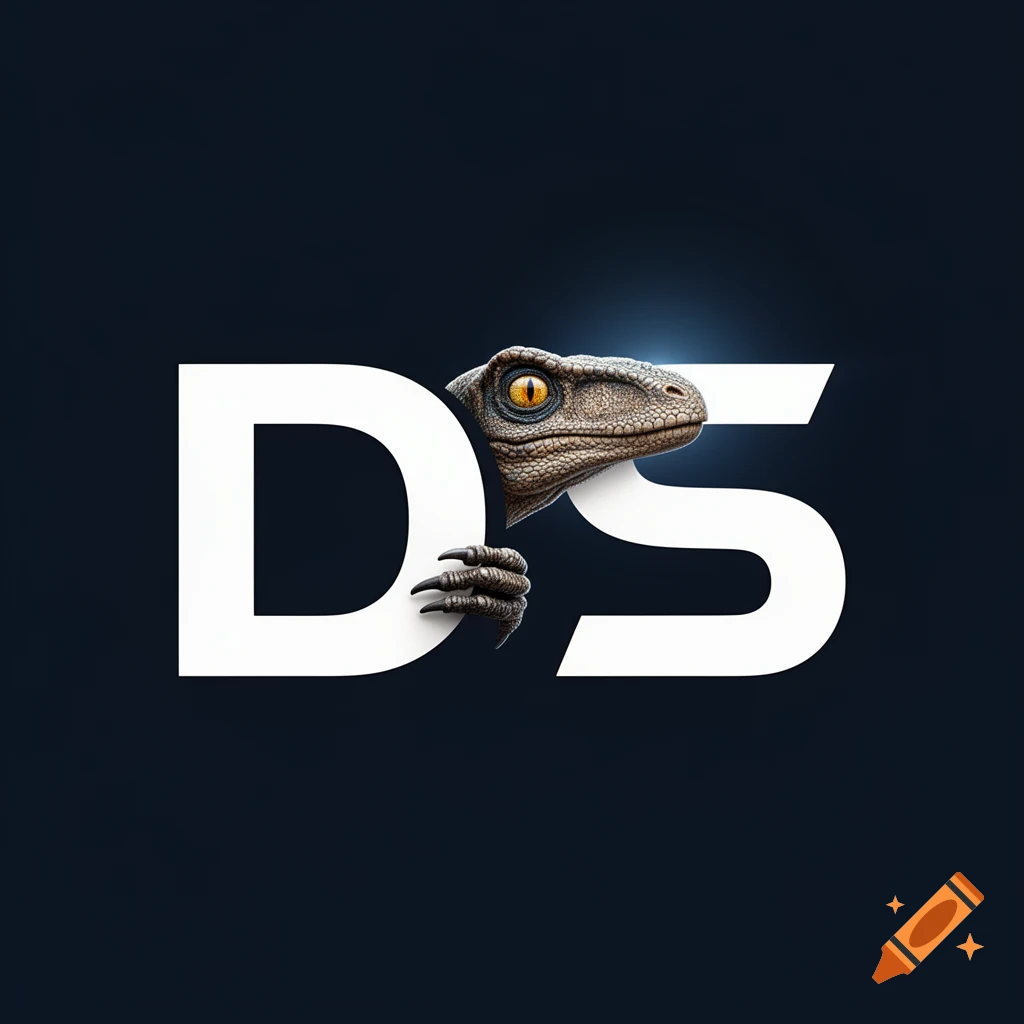 A logo featuring white bold letters DS, with a realistic velociraptor head peeking between them and its claw gripping the D, on a dark navy background.