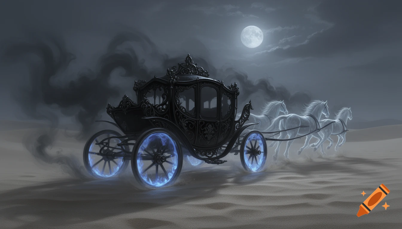 A black gothic carriage with glowing blue wheels is pulled by spectral horses across sand under a full moon on a misty night.
