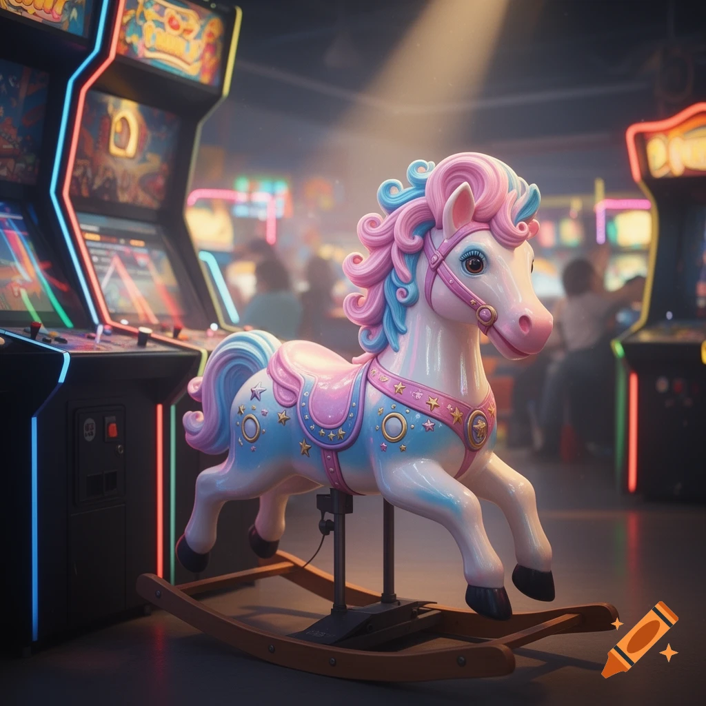 A pastel pink and blue rocking horse with a saddle and bridle sits in the middle of a neon-lit arcade, with game machines in the background.