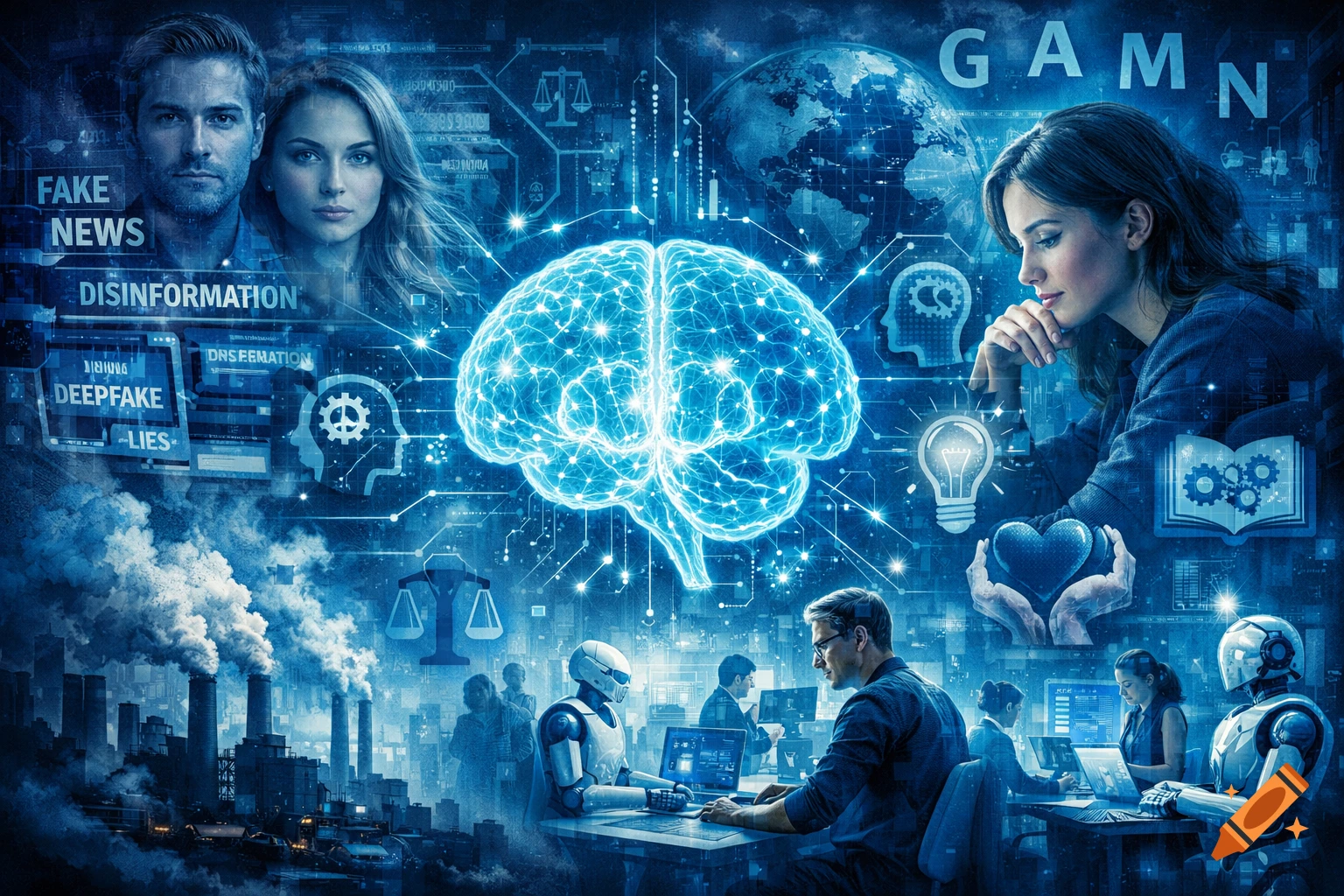 A complex, blue-toned digital collage showing a glowing brain at the center, surrounded by people, robots, data, factories, and text like "FAKE NEWS" and "DISINFORMATION".