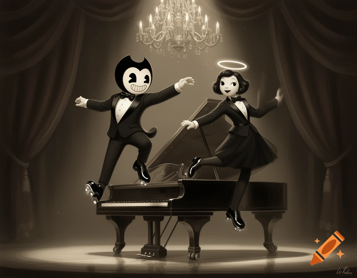 Bendy and Alice Angel tap dancing in tuxedos on a grand piano on a stage, in a sepia-toned cartoon style.