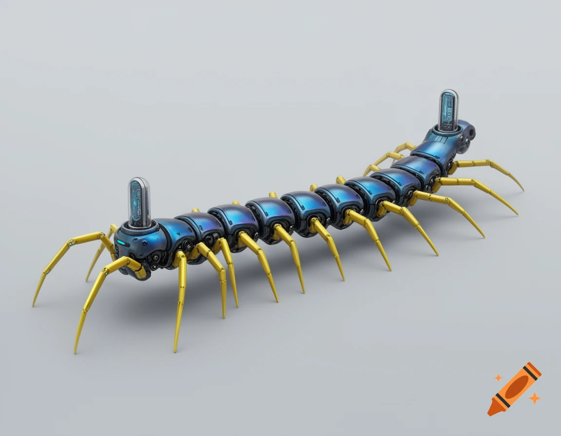A highly detailed 3D render of a futuristic robot centipede with a metallic blue segmented body, long yellow legs, and optronic domes on its head and tail, on a light gray background.