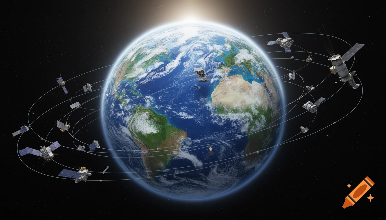 Photorealistic view of Earth from space, orbited by numerous communication satellites along visible trajectories.