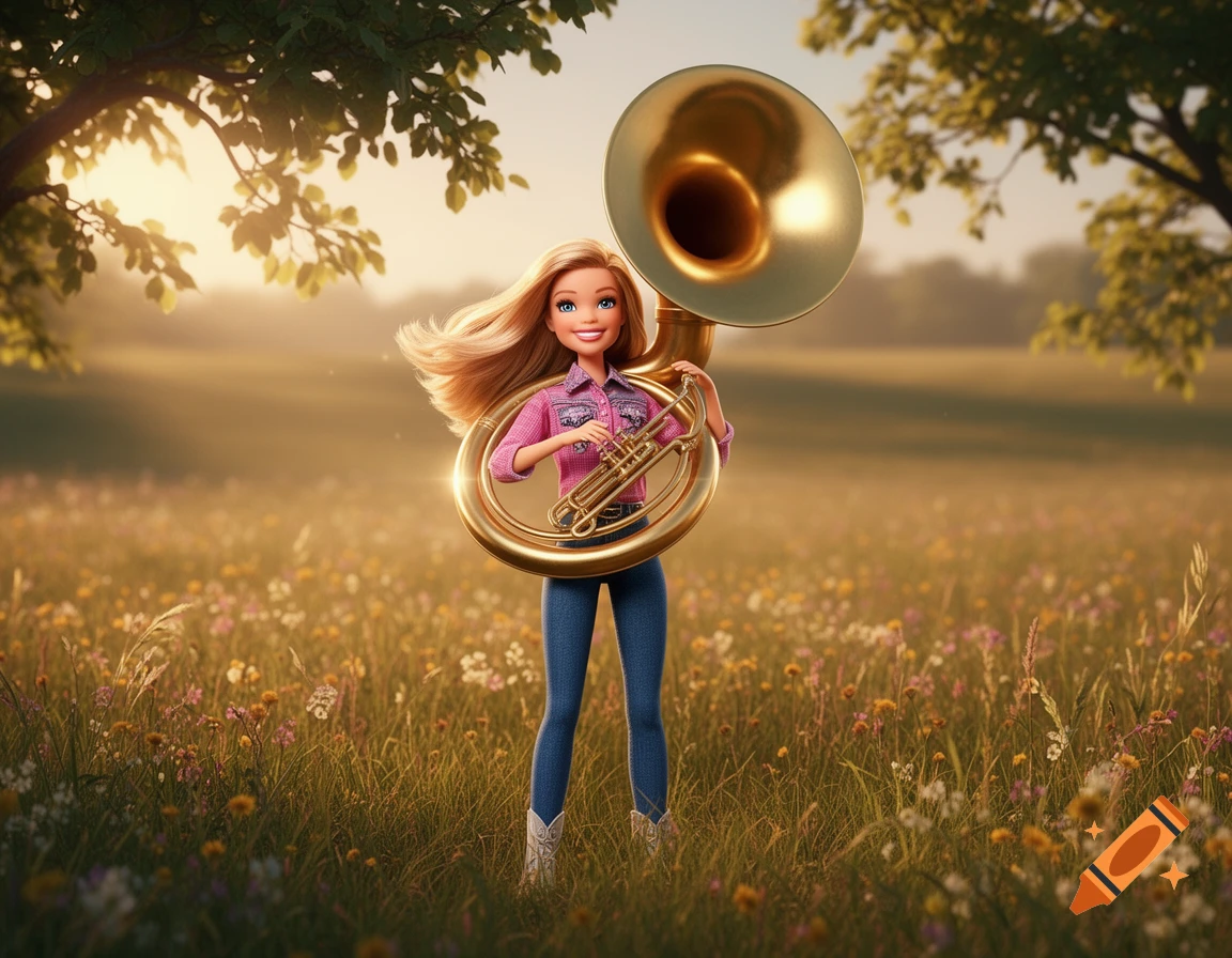A 3D render of Barbie in a pink plaid shirt and jeans, playing a golden sousaphone in a sunny wildflower field.