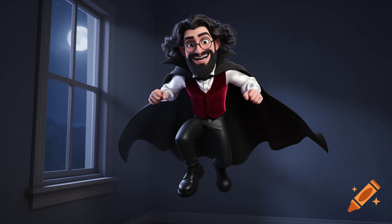 A friendly, smiling 3D animated vampire with a beard, glasses, cape, and red vest, jumping from a window at night.