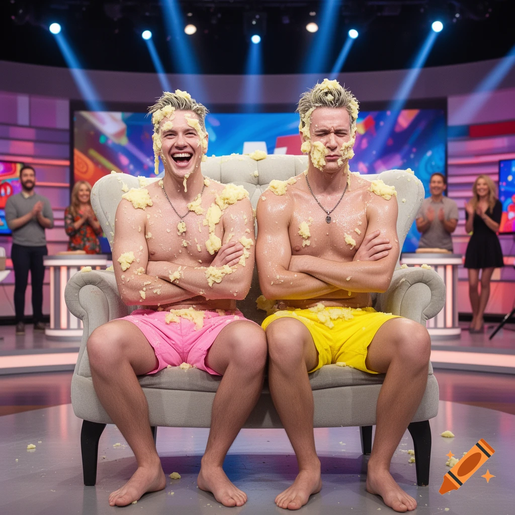 Two shirtless men covered in mashed potatoes sit on a couch on a TV set; one laughs, one frowns.