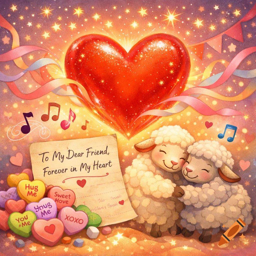 Shimmering red heart glowing in a starry sky with hugging sheep, a note, and conversation heart candies.