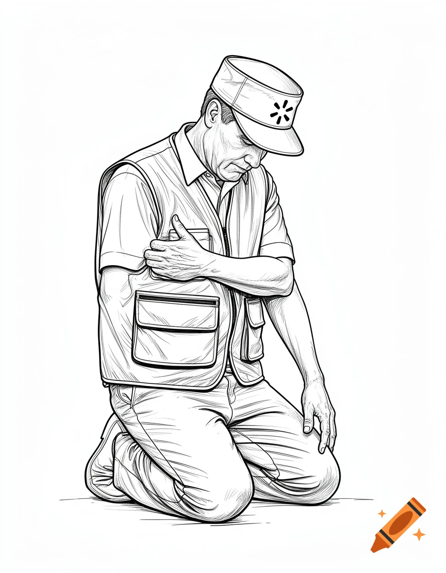 Black and white line art of a man in a Walmart uniform kneeling on one knee, hand to chest, head bowed.