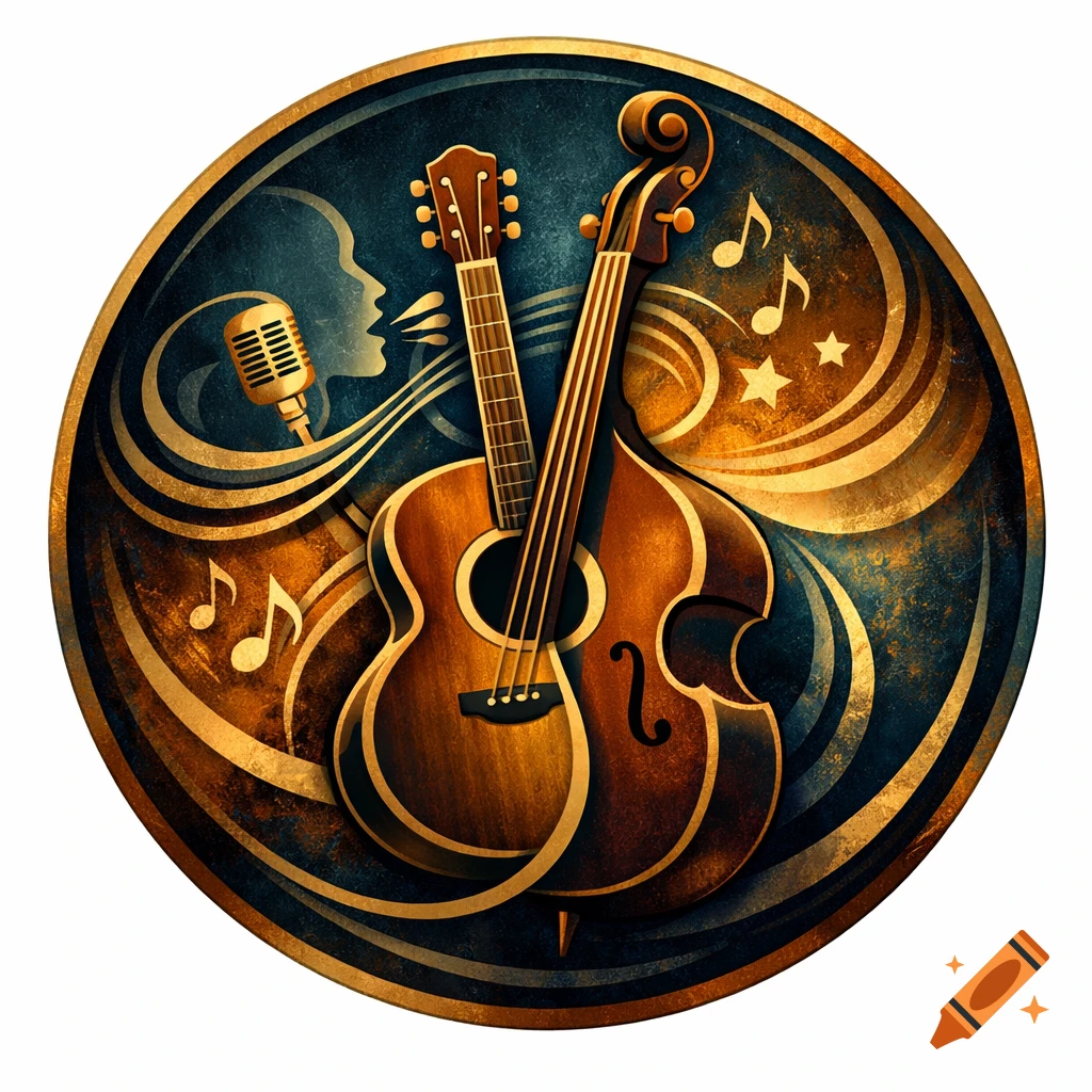 Vintage blue and gold circular logo with an acoustic guitar, double bass, a singer's silhouette, and musical notes.