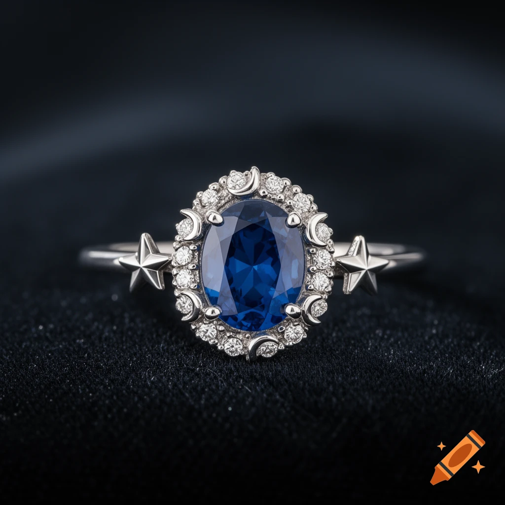 A silver ring with an oval blue sapphire or topaz surrounded by small diamonds and crescent moons, flanked by silver four-pointed stars on a dark velvet background.