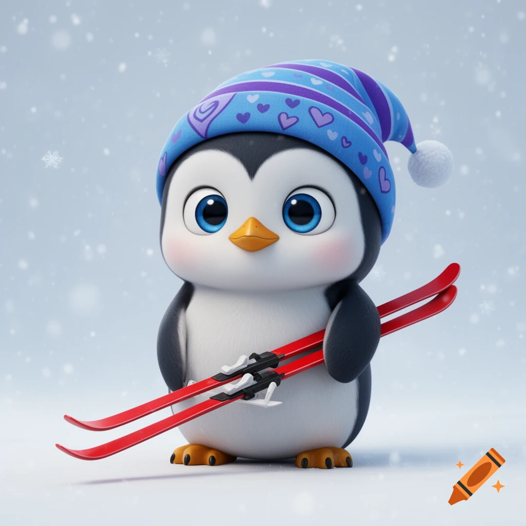 A cute cartoon penguin wearing a blue and purple striped winter hat with hearts, holding red skis in a snowy landscape.