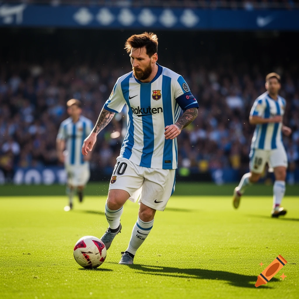 Lionel Messi dribbling a soccer ball on a green field in a stadium ...